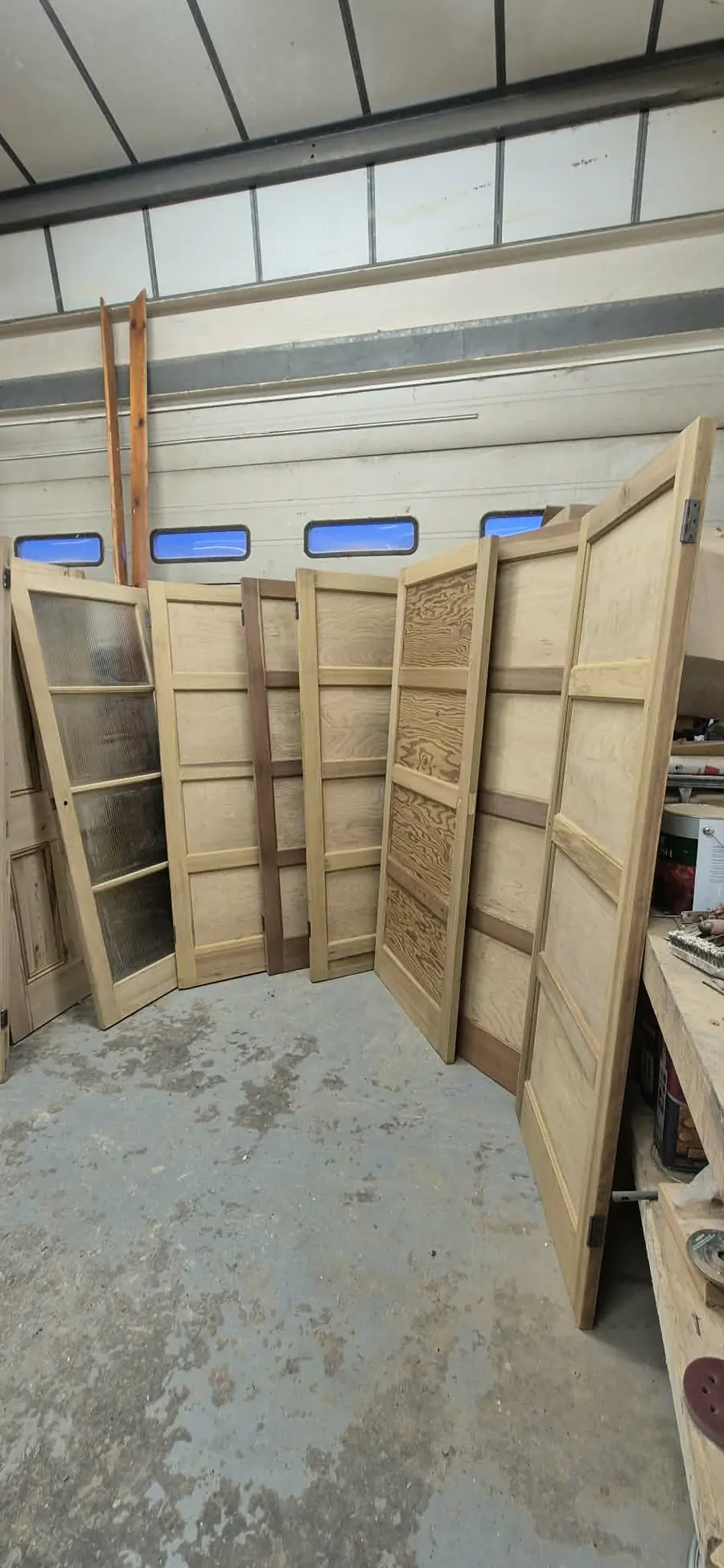 Stripped pine doors in the workshop