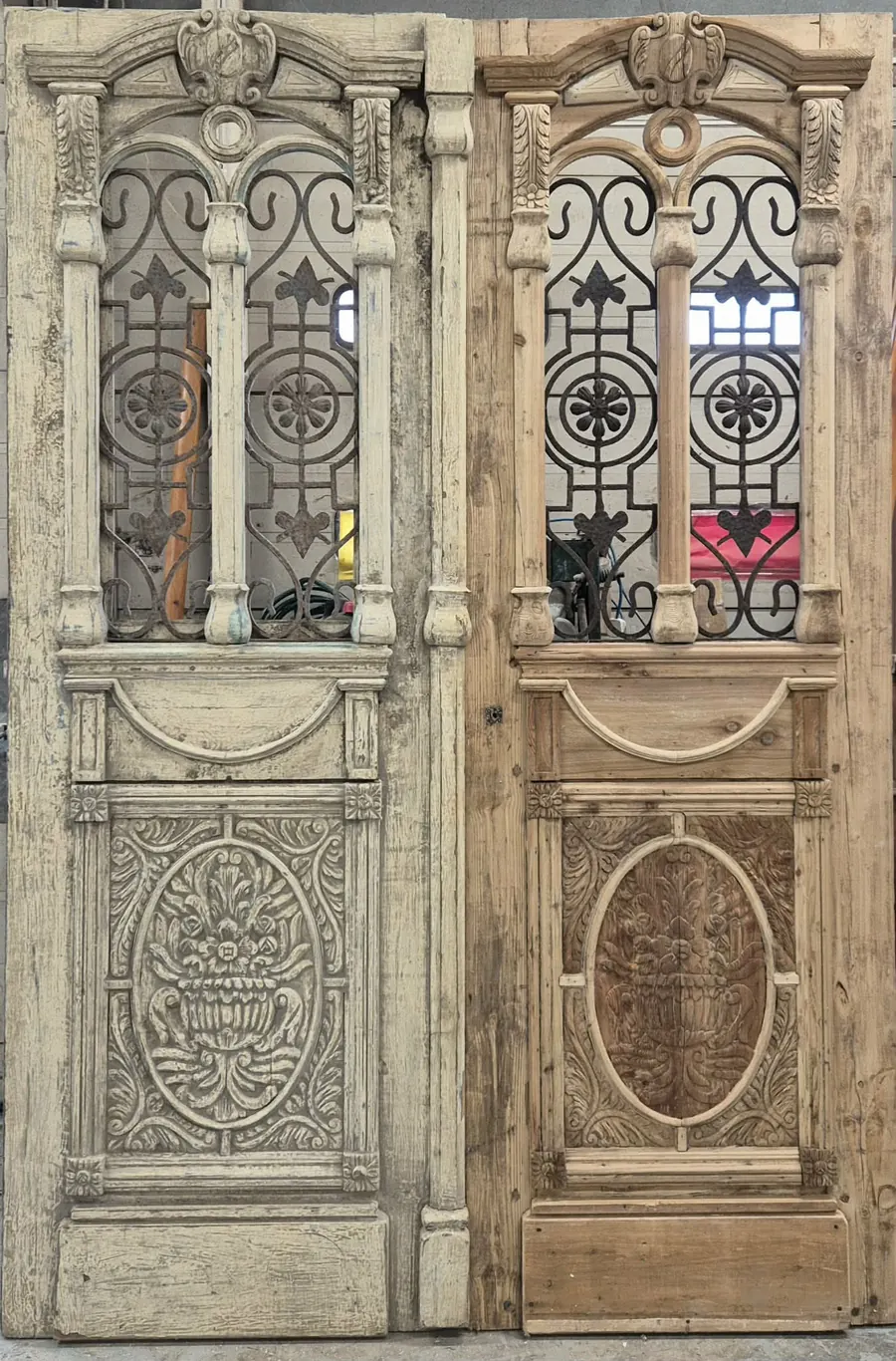 Carved Victorian doors stripped to bare timber
